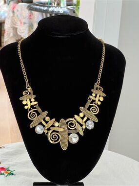 Boho Statement Necklace Antiqued Gold Tone with Crystal Accents